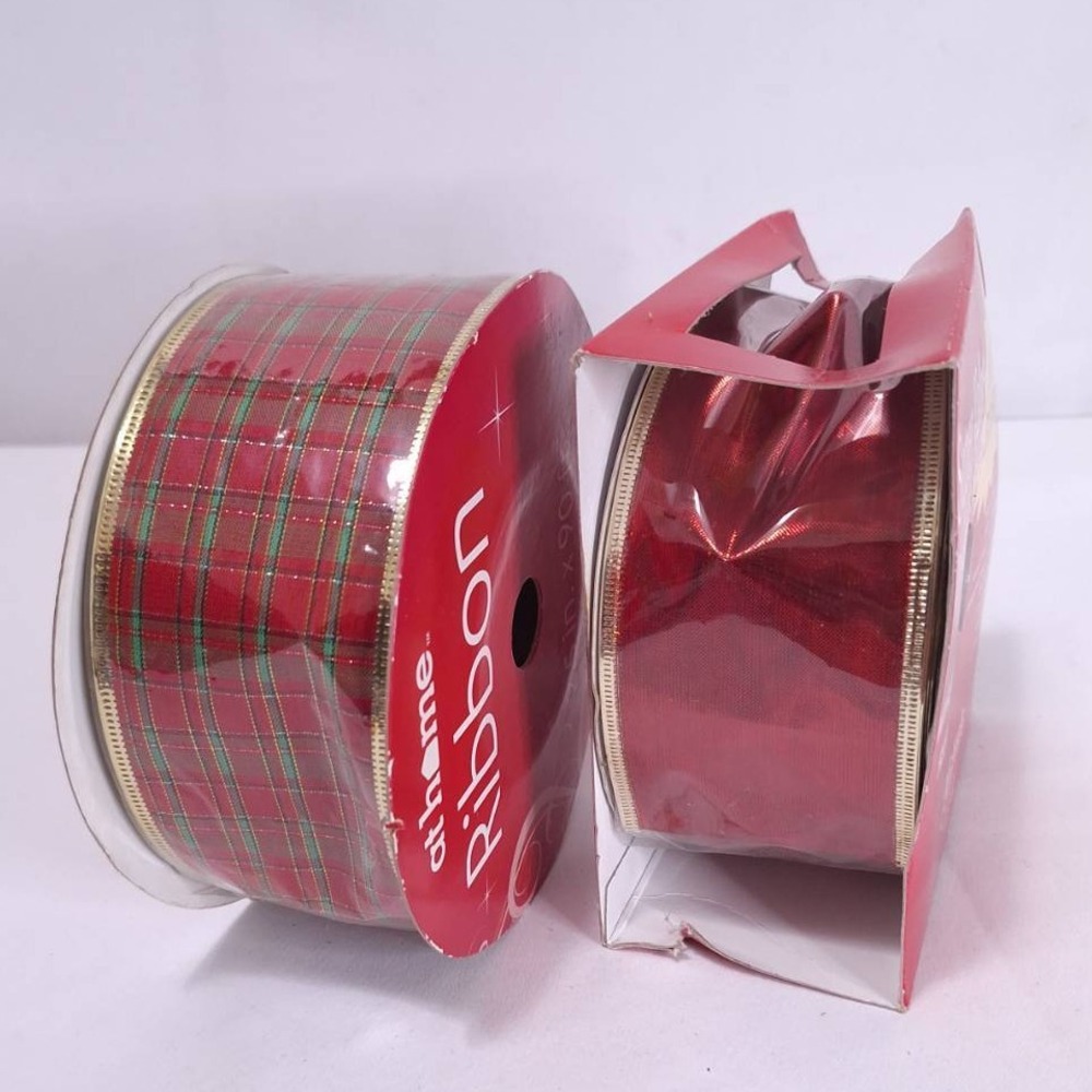 2 At Home Wired Edge Ribbon Red Plaid 2.5in‎ total 190ft Metallic Xmas Holiday